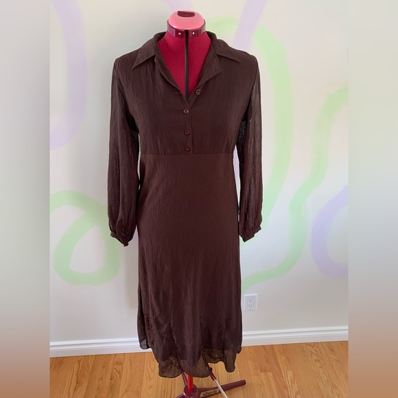Vintage 90s Chocolate Brown Midi Dress - Picture 2 of 6